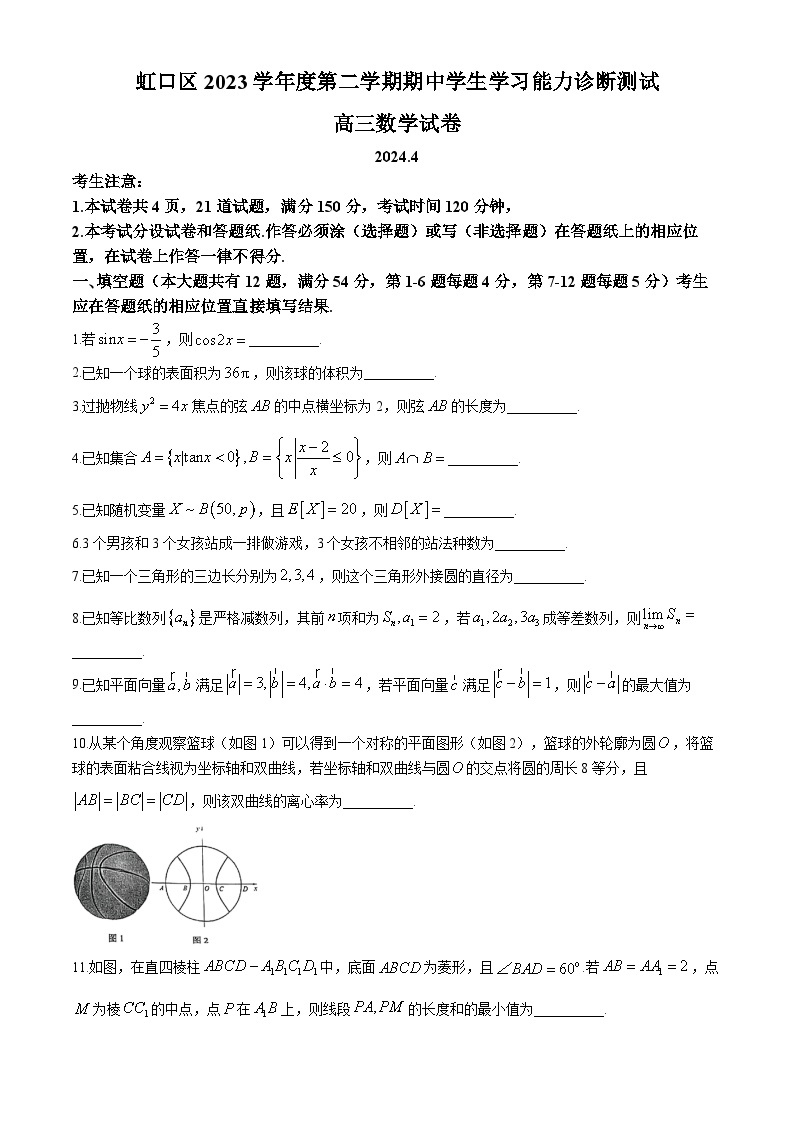 上海市虹口区2024届高三下学期期中学生学习能力诊断测试（二模）数学试卷(无答案)01