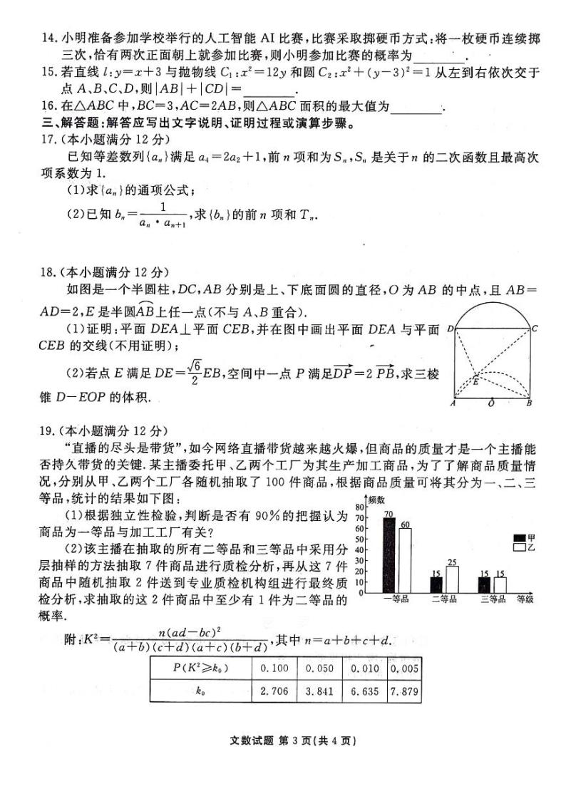 2024届陕西省榆林市高三下学期4月份大联考(三模)文数试题+答案03