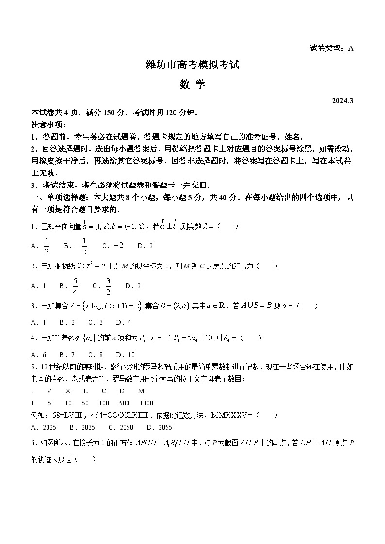 山东省潍坊市2024届高三下学期3月一模考试  数学试卷及参考答案01