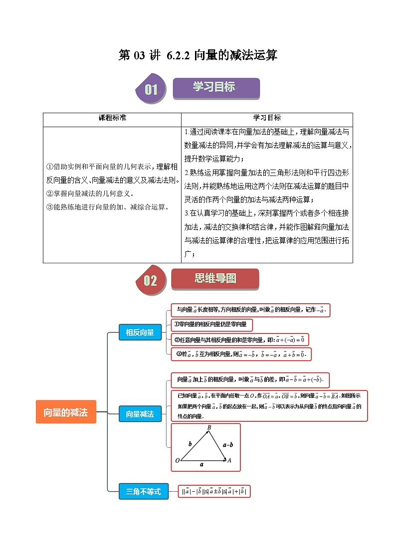 人教A版高中数学(必修第二册)同步讲义第03讲 6.2.2向量的减法运算(2份打包,原卷版+教师版)01