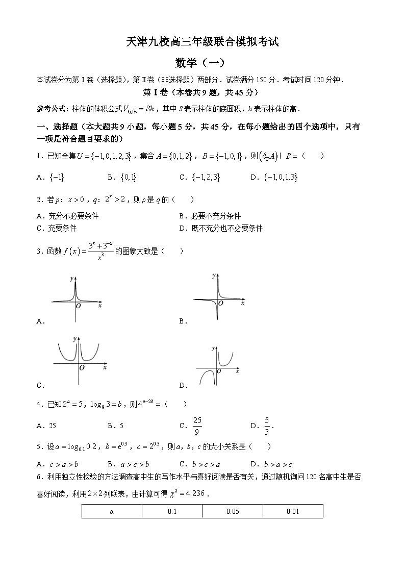 2024天津市九校高三下学期联合模拟考试(一)数学含答案01