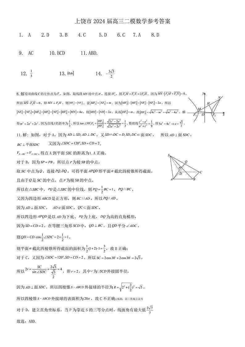 上饶市2024届高三二模数学参考答案第1页