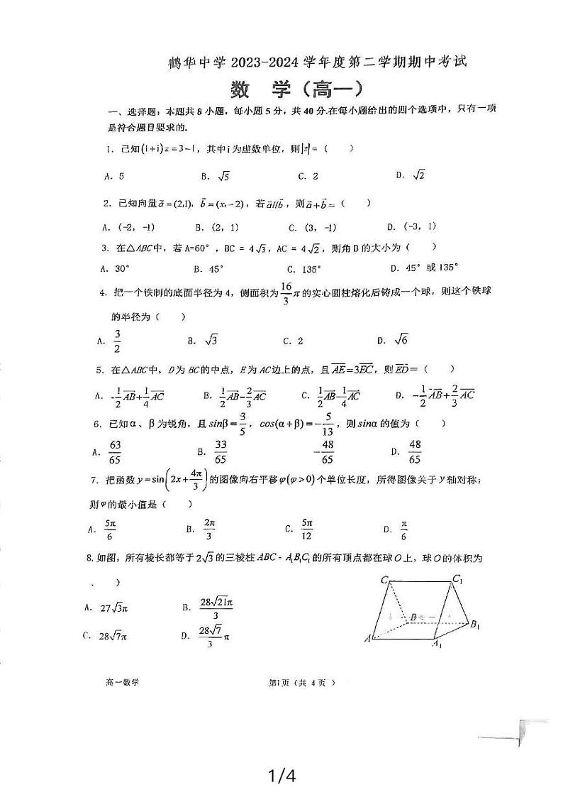 广东省江门市鹤山市鹤华中学2023-2024学年高一下学期期中考试数学试题01