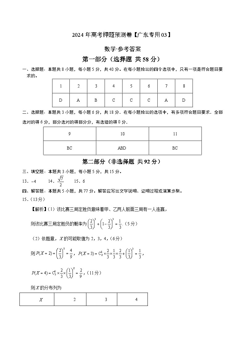 2024年高考押题预测卷—数学(广东专用03,新题型结构)(参考答案)01