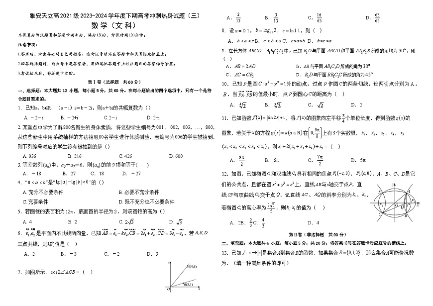 四川省雅安市神州天立學校2024屆高三下學期高考沖刺熱身（三）文科數(shù)學試題第1頁