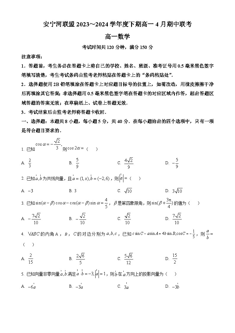 四川省凉山州安宁河联盟2023-2024学年高一下学期期中联考数学试题(Word版附解析)01