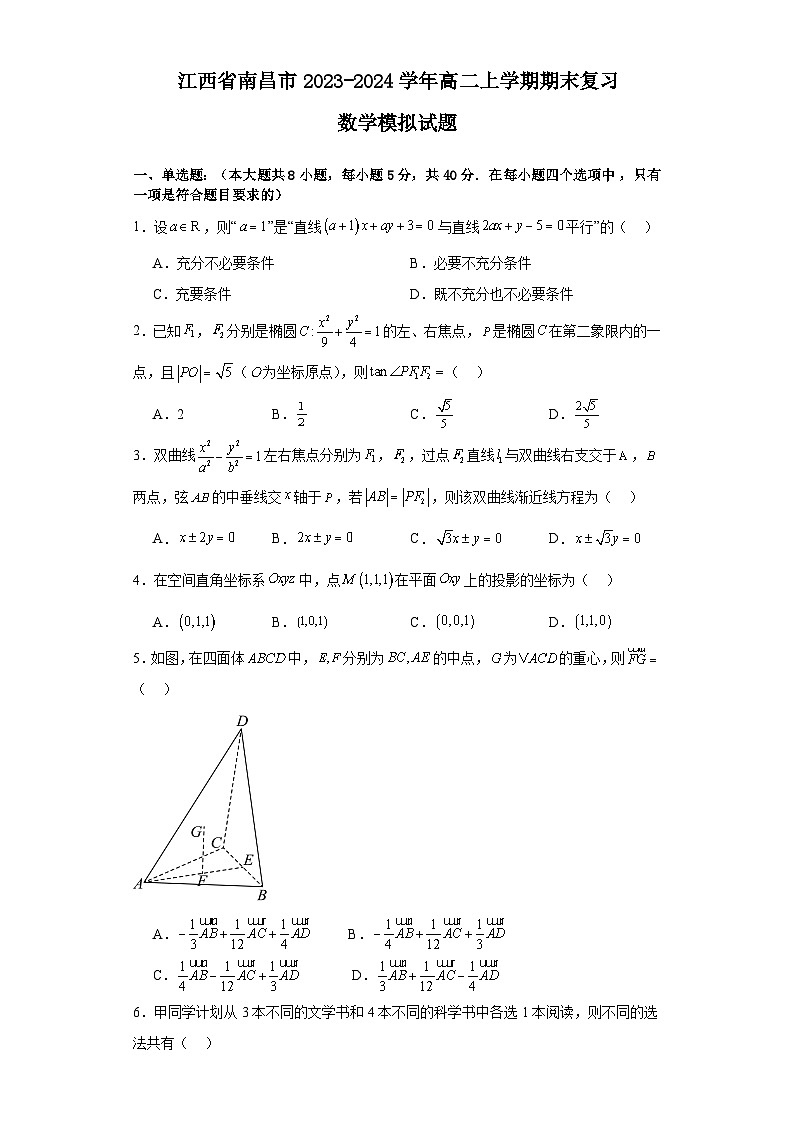 江西省南昌市2023-2024学年高二上学期期末复习数学模拟试题第1页