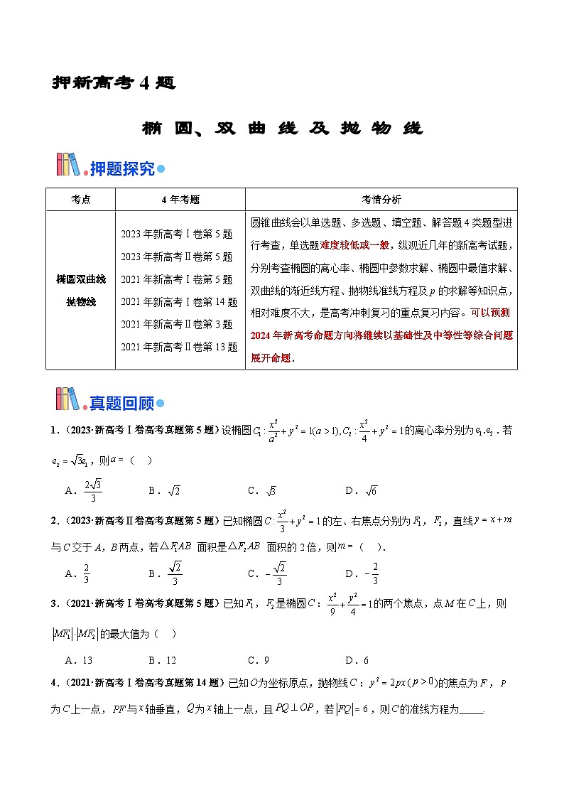 押新高考第4题 椭圆、双曲线及抛物线-2024年高考数学押题(新高考通用)01