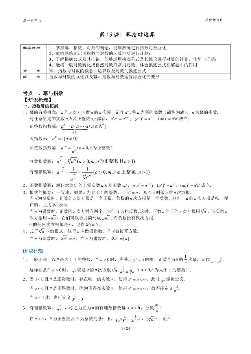 2025年沪教版高中数学高一第一学期-专题15-幂指对运算-(学生版+教师版)