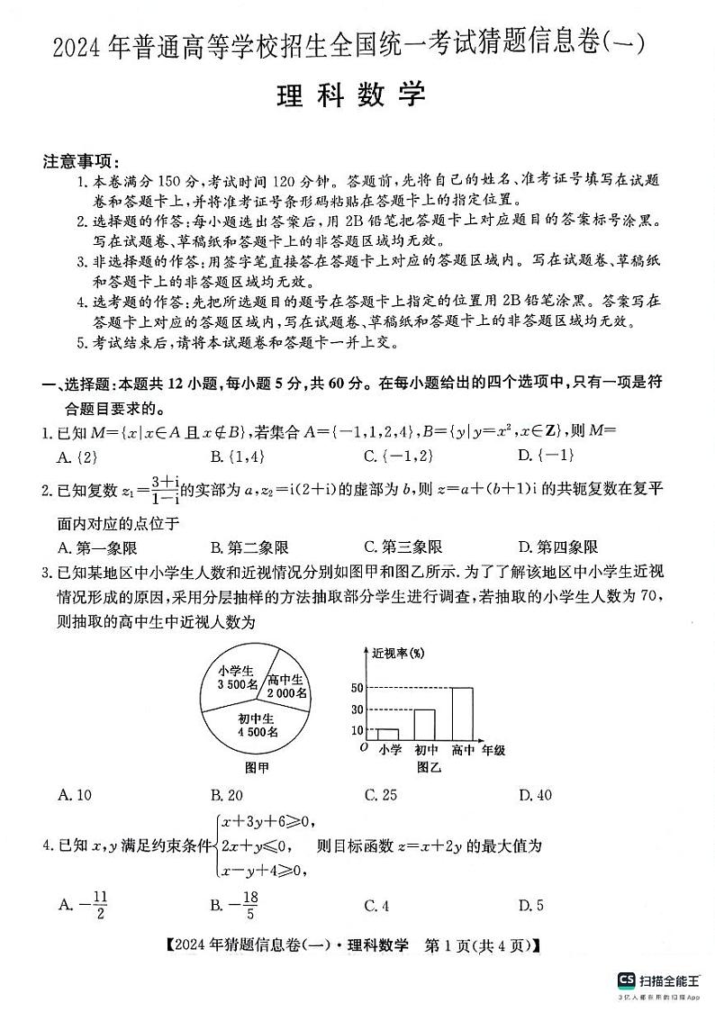 铜川市王益中学高三第十次模拟考试理科数学试题第1页