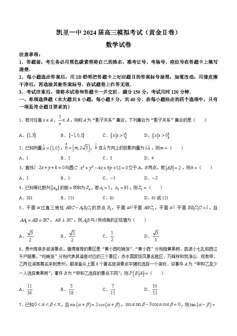 贵州省凯里市第一中学2024届高三模拟考试(黄金Ⅱ卷)数学试卷(无答案)第1页