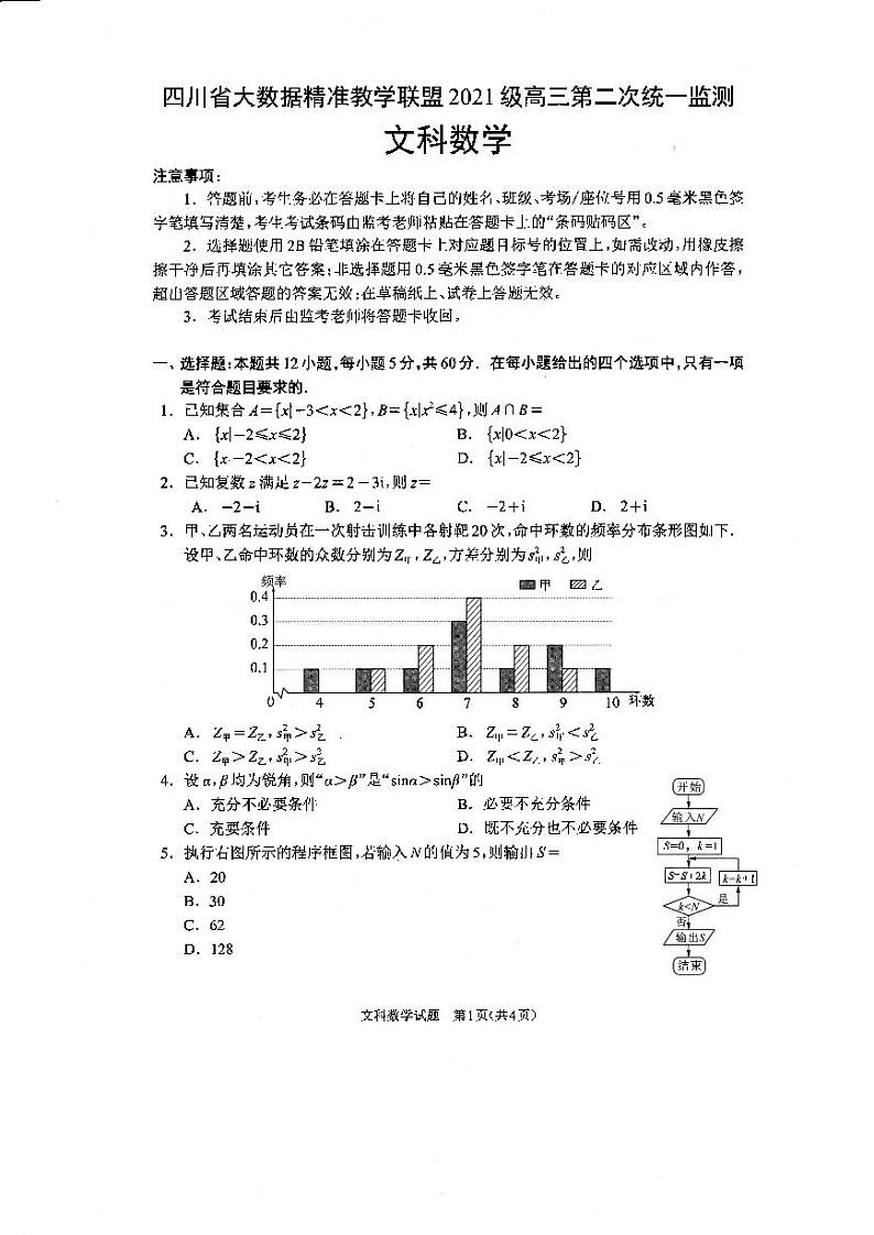 【全国甲卷】四川省大数据精准教学联盟2021级(2024届)高三年级第二次统一监测(大数据二统)(5.17-5.18) 文科数学试题第1页