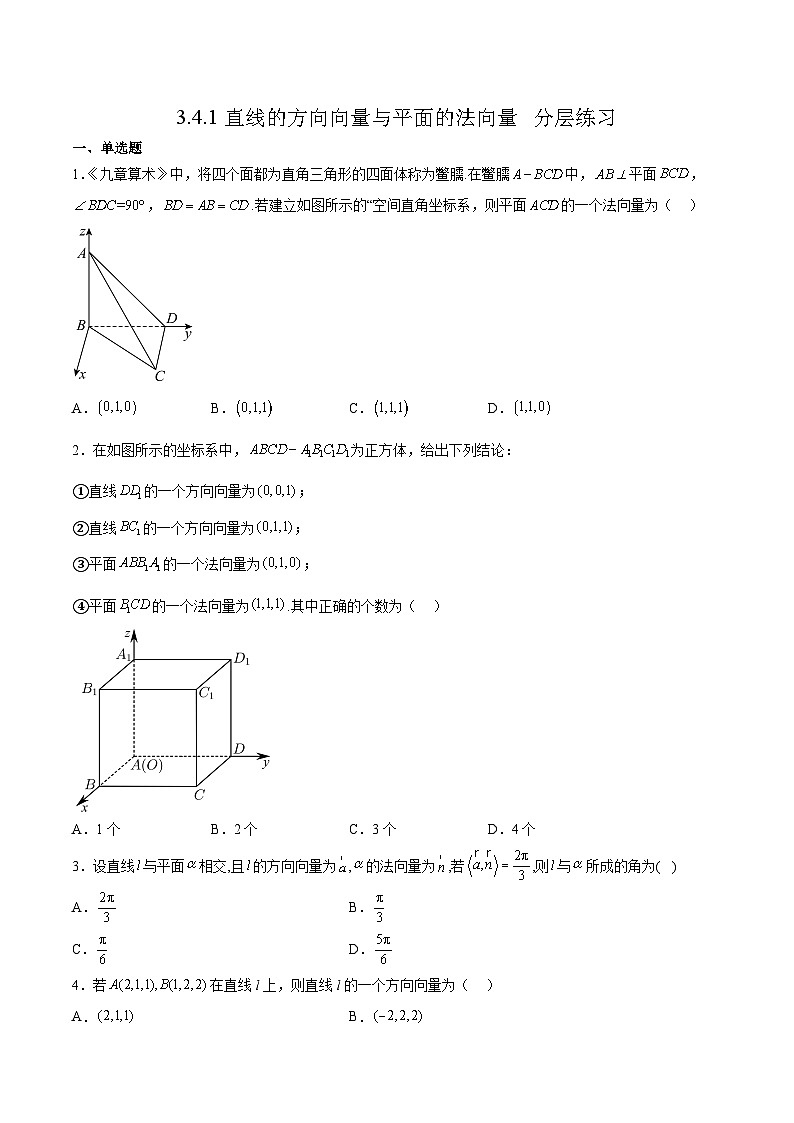 北师大版数学高二选择性必修第一册 3.4.1 直线的方向向量与平面的法向量 分层练习01