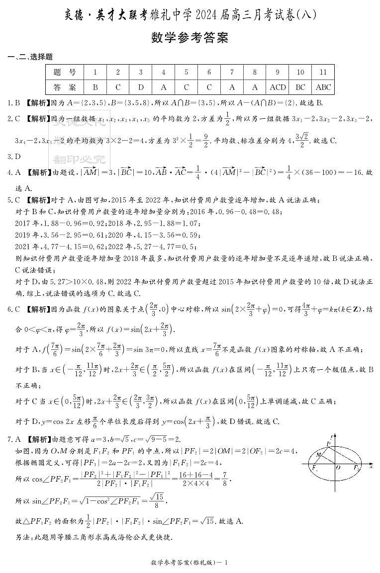 湖南省长沙市2024年雅礼中学高三数学月考试卷(八)(雅礼8次)及参考答案01