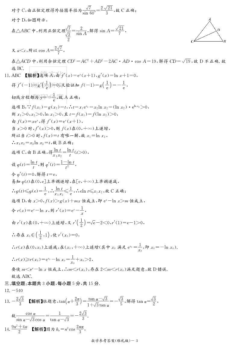 湖南省长沙市2024年雅礼中学高三数学月考试卷(八)(雅礼8次)及参考答案03