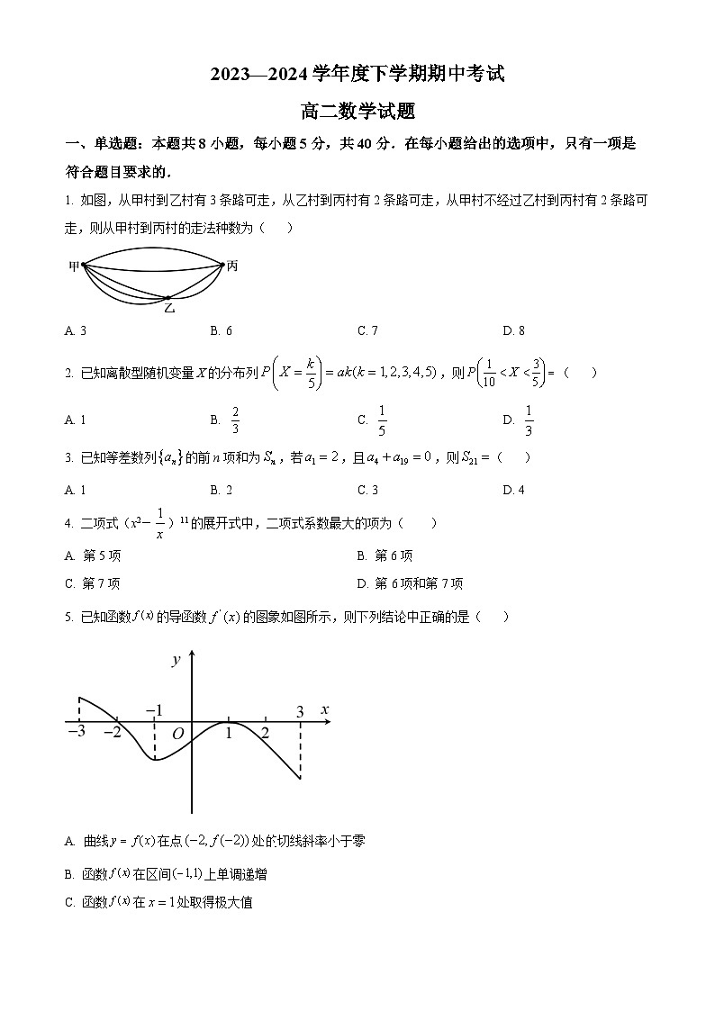 黑龙江省齐齐哈尔市第八中学校2023-2024学年高二下学期期中考试数学试卷(原卷版+解析版)01