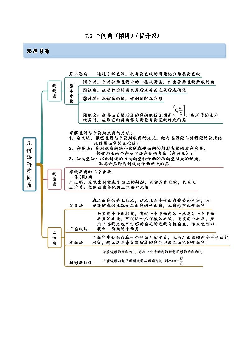 备战2024年高考数学一轮复习7.3空间角(精讲)(原卷版+解析)第1页
