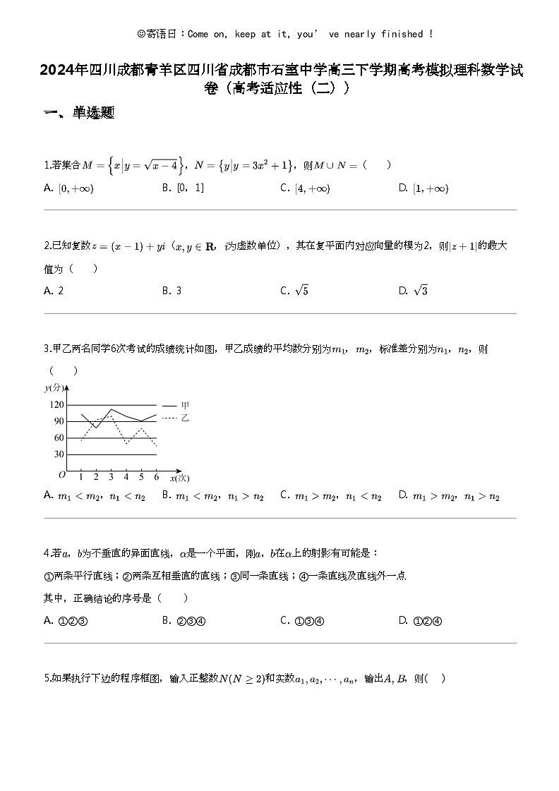 2024年四川成都青羊区四川省成都市石室中学高三下学期高考模拟理科数学试卷(高考适应性(二))第1页
