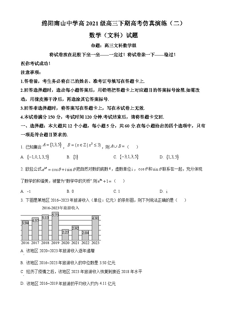 四川省绵阳市南山中学2024届高三下学期高考仿真演练(二)数学(文)试题(Word版附解析)01