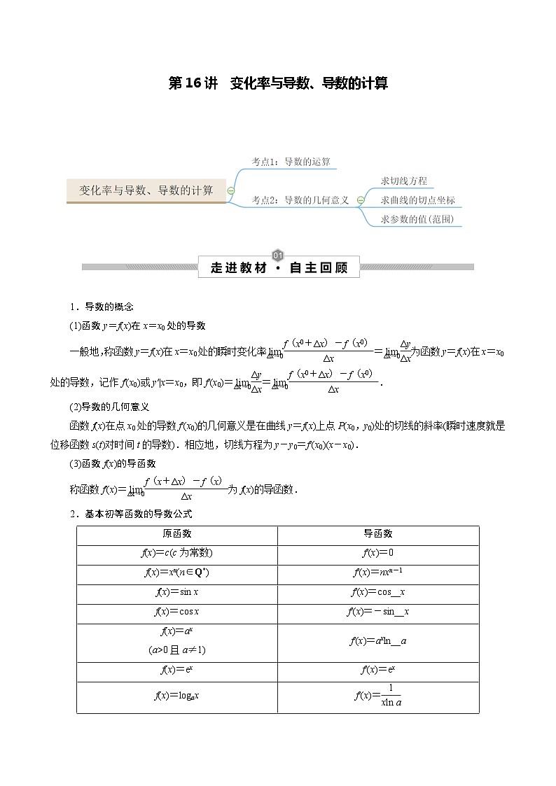 高考数学一轮复习考点探究与题型突破第16讲变化率与导数、导数的计算(原卷版+解析)第1页