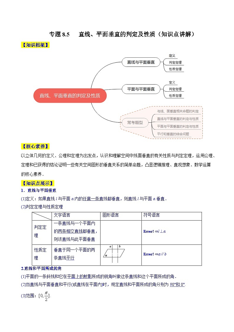 高考数学一轮复习知识点讲解+真题测试专题8.5直线、平面垂直的判定及性质(知识点讲解)(原卷版+解析)第1页