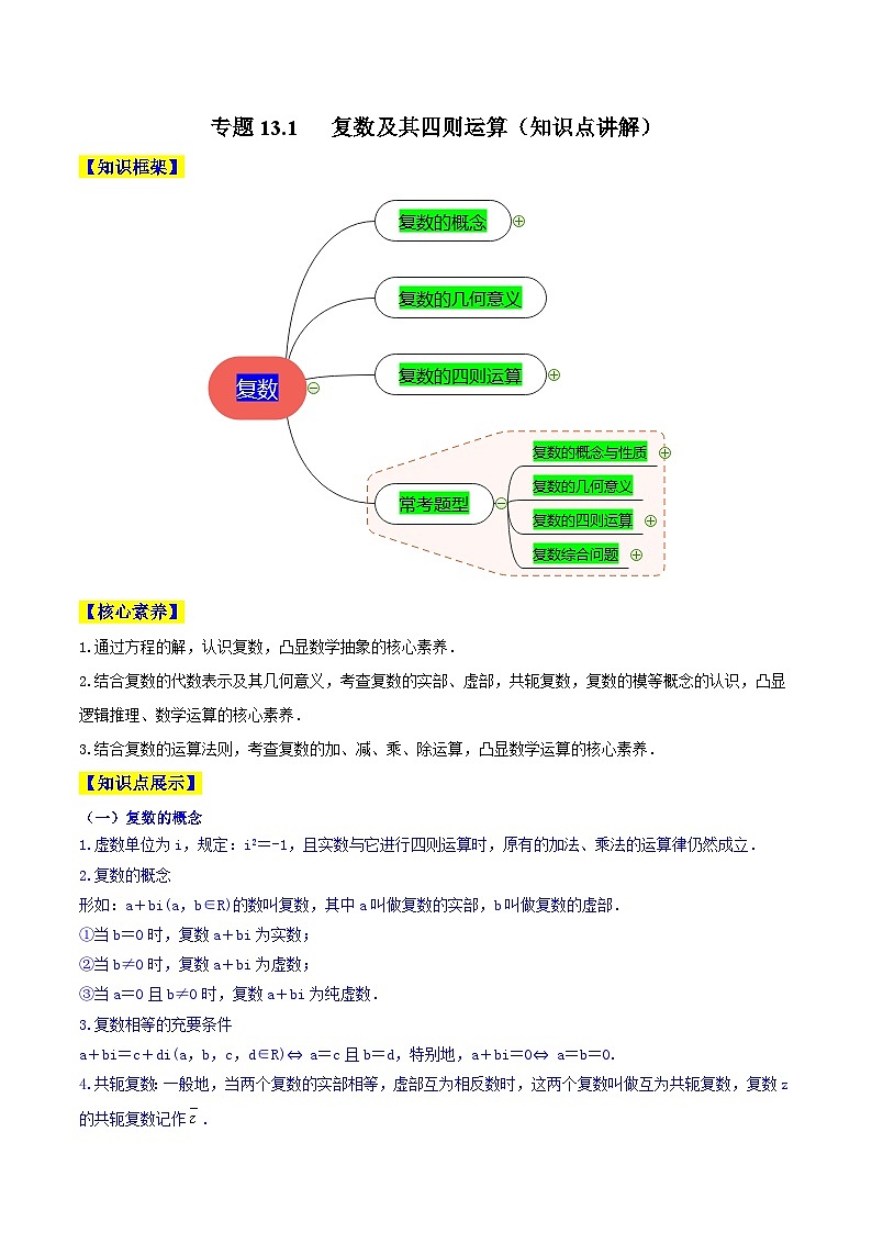 高考数学一轮复习知识点讲解+真题测试专题13.1复数及其四则运算(知识点讲解)(原卷版+解析)01