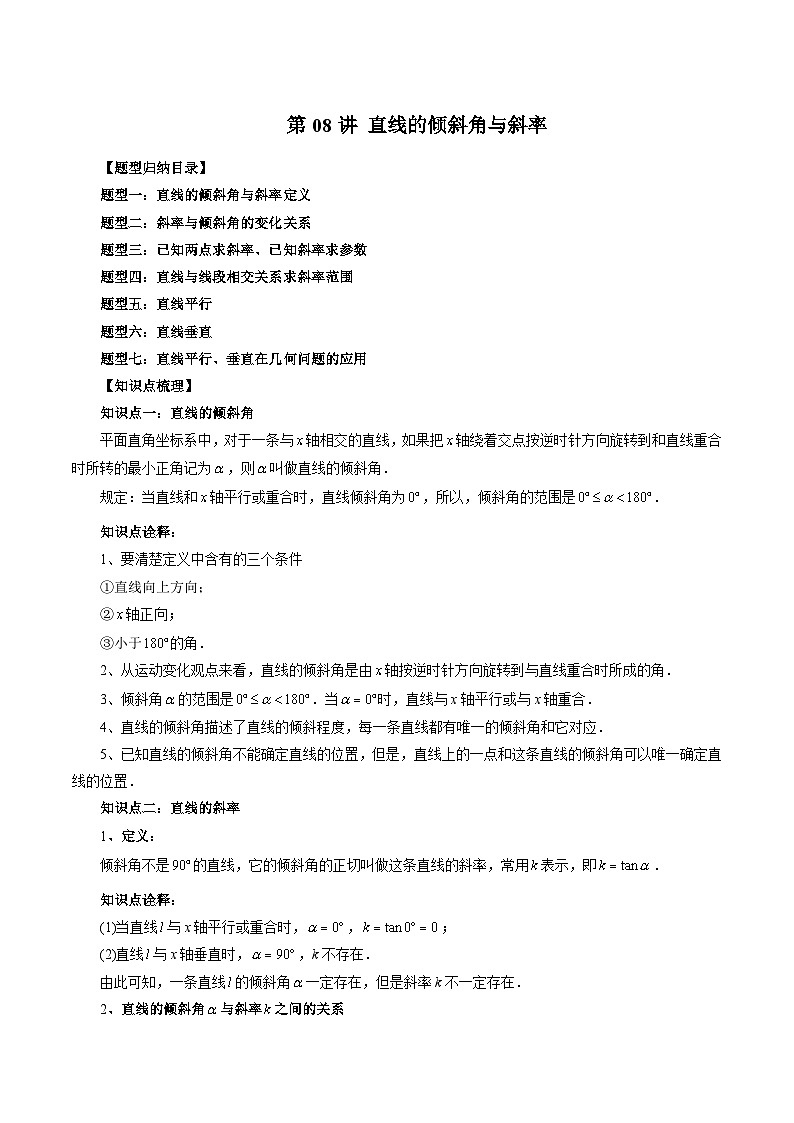 第08講 直線的傾斜角與斜率（七大題型）（教師版）-2024年高中數(shù)學(xué)新高二暑期銜接講義第1頁