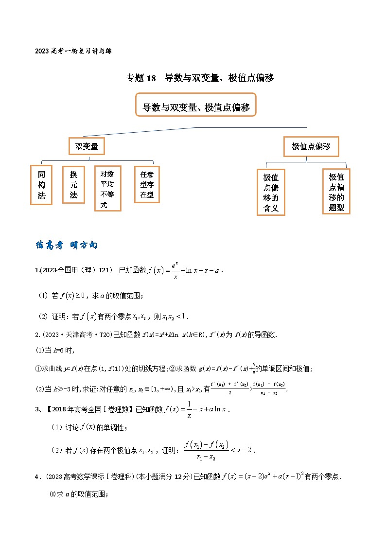 高考数学一轮复习题型讲解+专题训练(新高考专用)专题18导数与双变量、极值点偏移(原卷版+解析)第1页