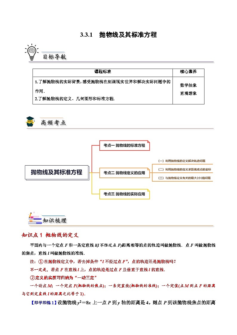 高二数学同步精品讲义(人教A版2019选修第一册)3.3.1抛物线及其标准方程(原卷版+解析)第1页
