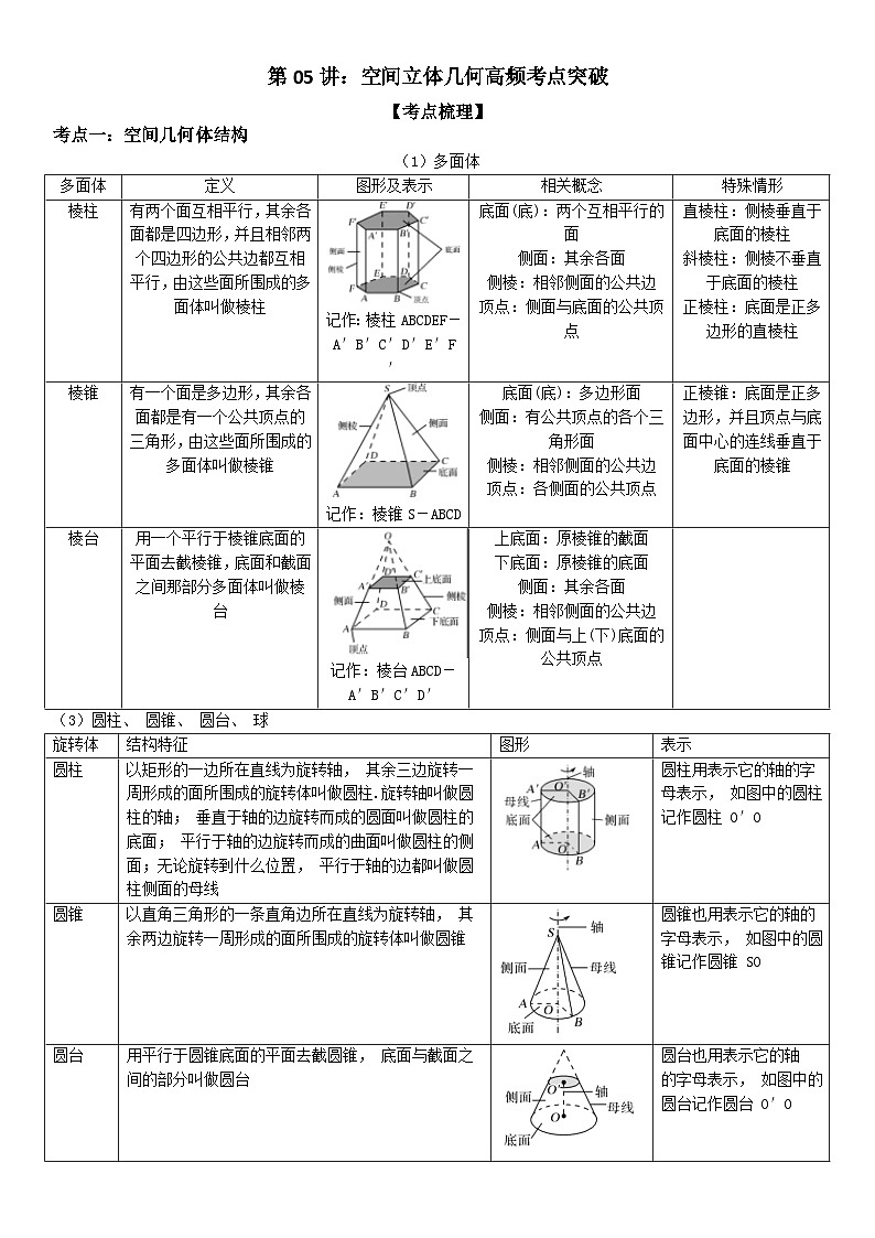 【暑假衔接】人教A版新高二数学 复习重难点-第05讲:空间立体几何高频考点突破(教师版+学生版)讲义01