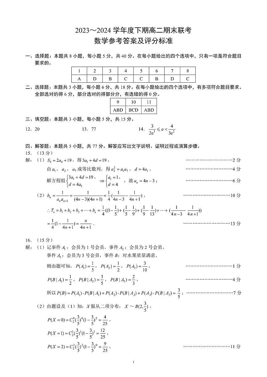 2023～2024學年度下期高二期末聯(lián)考數(shù)學參考答案及評分標準第1頁