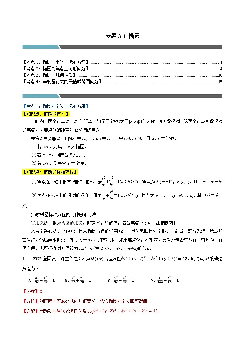 2024-2025 学年高中数学人教A版选择性必修一专题3.1 椭圆(4类必考点)01