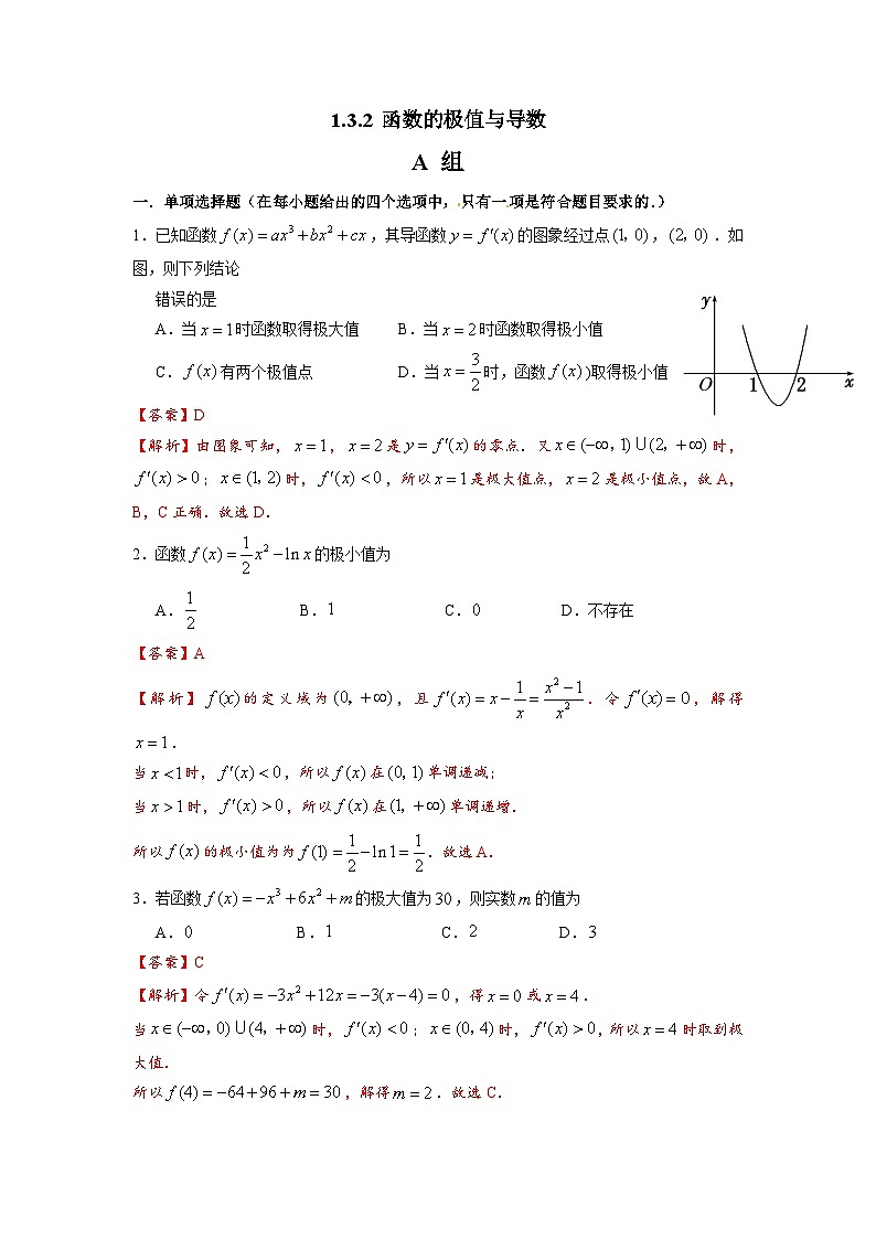 湘教版新教材数学高二选择性必修第二册 1.3.2 函数的极值与导数 练习01