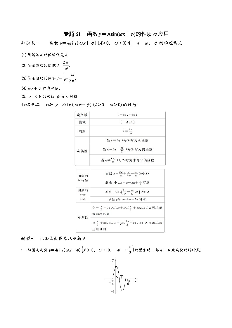高一数学同步备好课之题型全归纳(人教A版必修第一册)专题61函数y=Asin(ωx+φ)的性质及应用(原卷版+解析)第1页