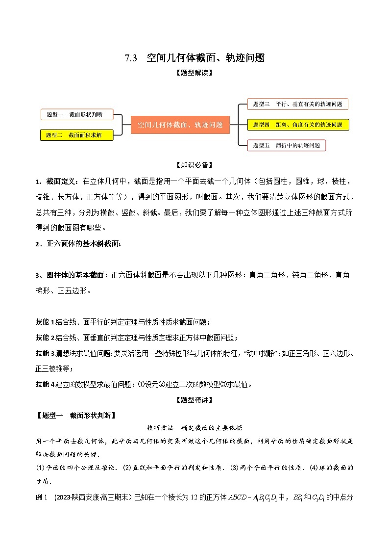 高考数学大一轮复习精讲精练(新高考地区)7.3空间几何体截面、轨迹问题(精讲)(原卷版+解析)01