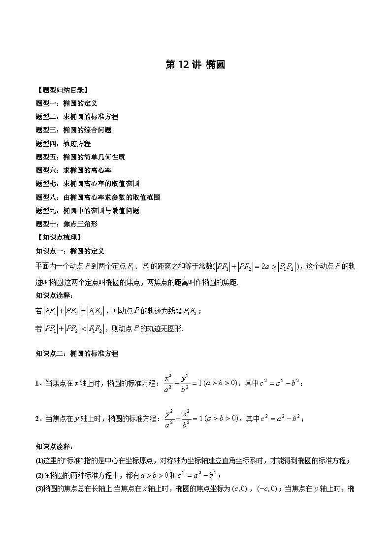 2024年高中數(shù)學新高二暑期培優(yōu)講義第12講 橢圓（學生版）第1頁