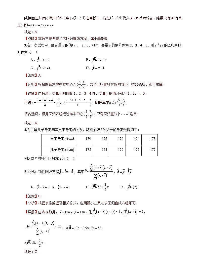 人教A版数学高二选择性必修第三册 8.2.2 一元线性回归模型参数的最小二乘估计(第1课时) 分层作业02
