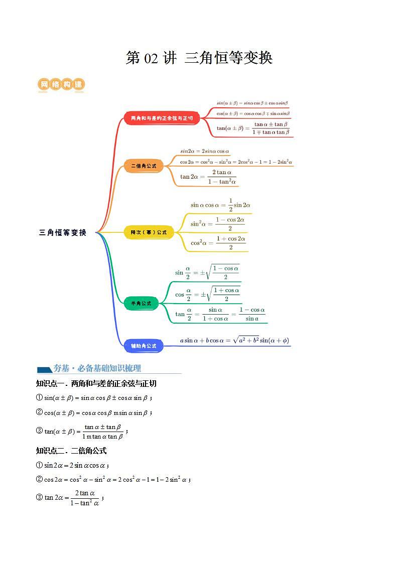 新高考数学一轮复习讲练测第4章第02讲 三角恒等变换(九大题型)(讲义)(原卷版)第1页