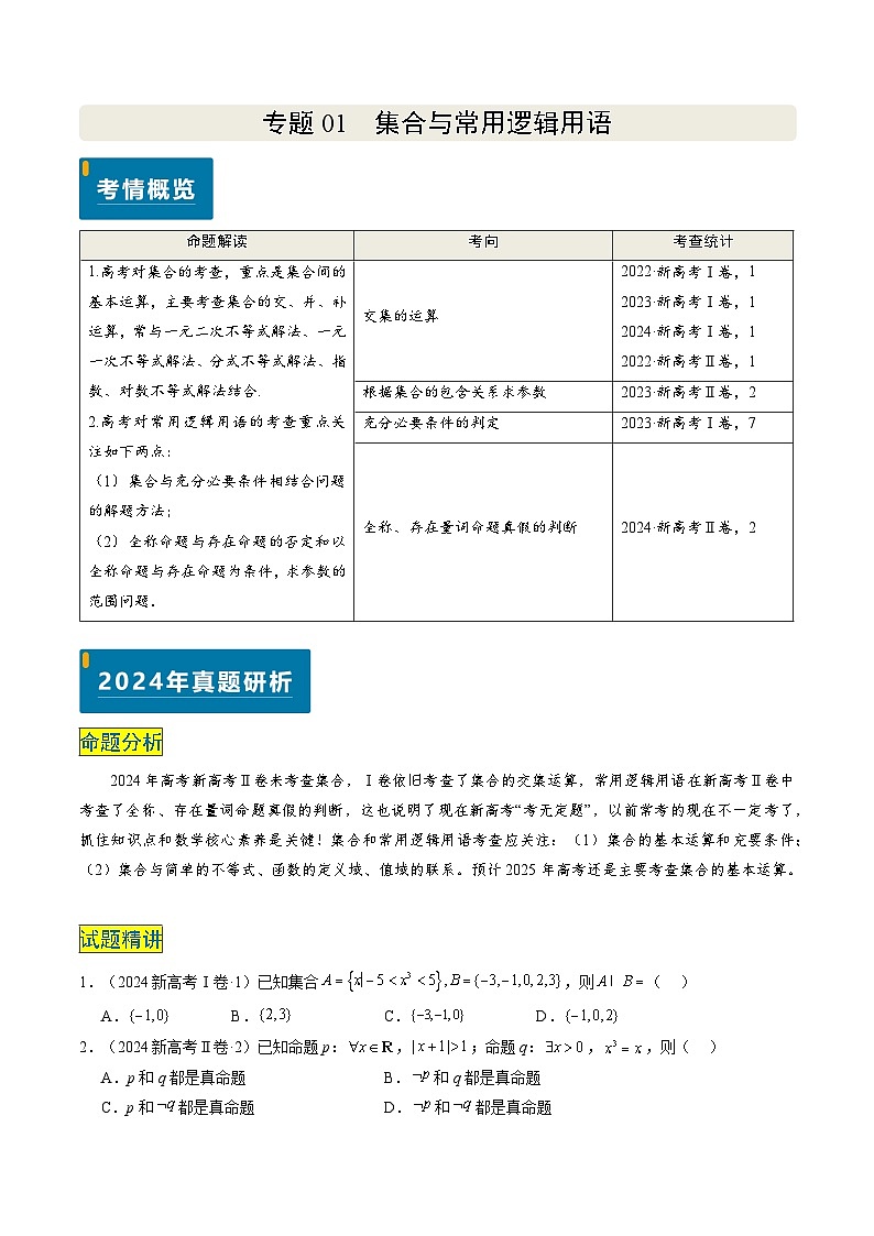 专题01 集合与常用逻辑用语-2024年高考数学真题题源解密(新高考卷)原卷版第1页