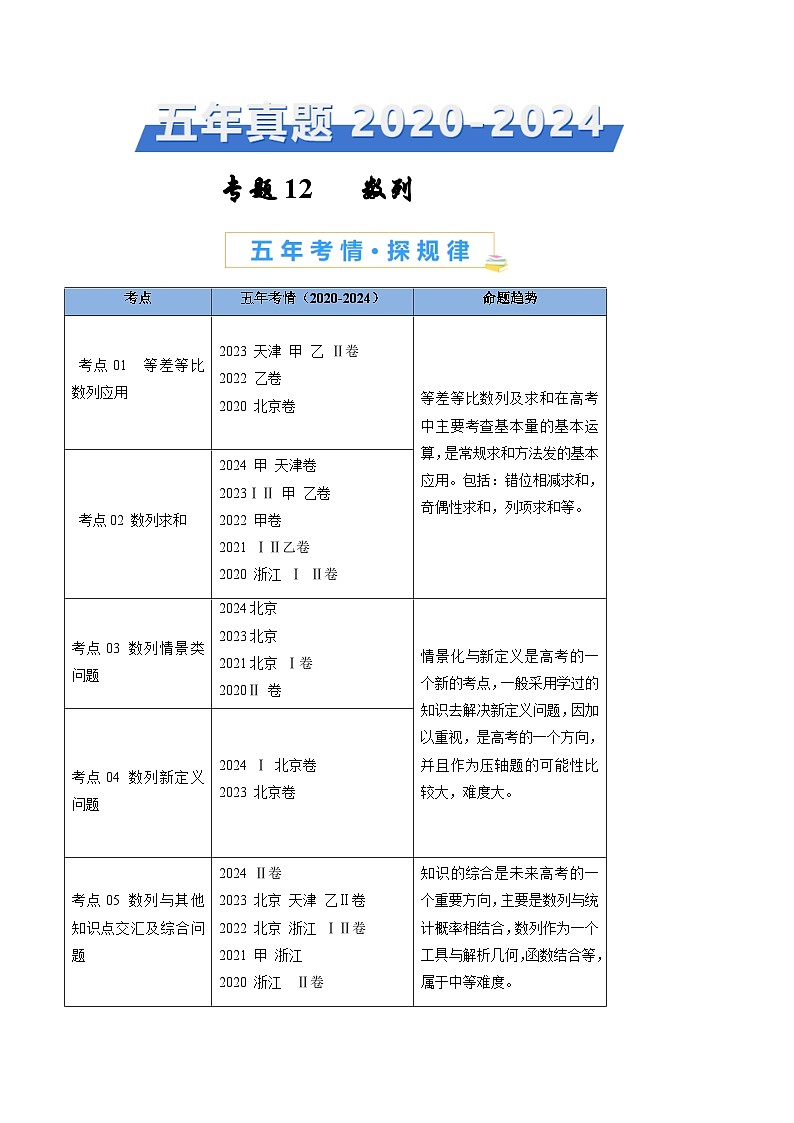 专题12 数列-【好题汇编】五年(2020-2024)高考数学真题分类汇编(原卷版)第1页
