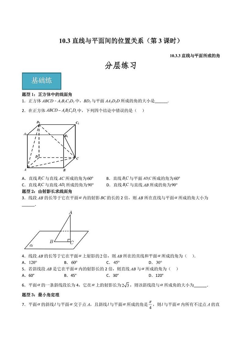 10.3直线与平面间的位置关系(第3课时)(含答案) 2023-2024学年高二数学同步讲义(沪教版2020必修第三册)01