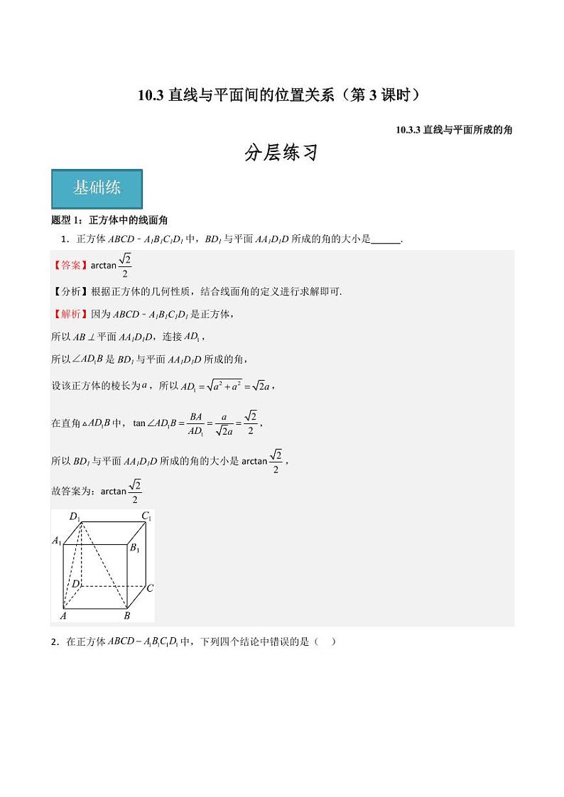10.3直线与平面间的位置关系(第3课时)(含答案) 2023-2024学年高二数学同步讲义(沪教版2020必修第三册)01