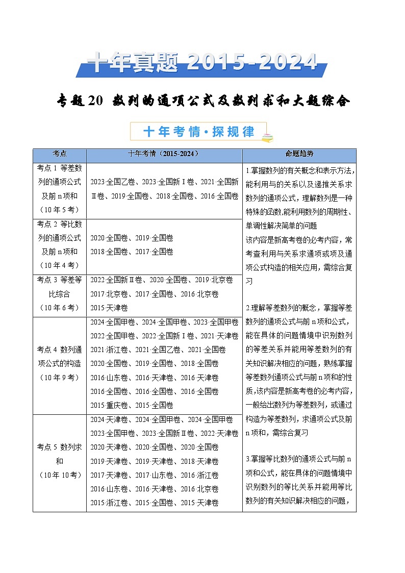 十年(2015-2024)高考真题分项汇编 数学 专题20 数列的通项公式及数列求和大题综合 Word版含解析第1页
