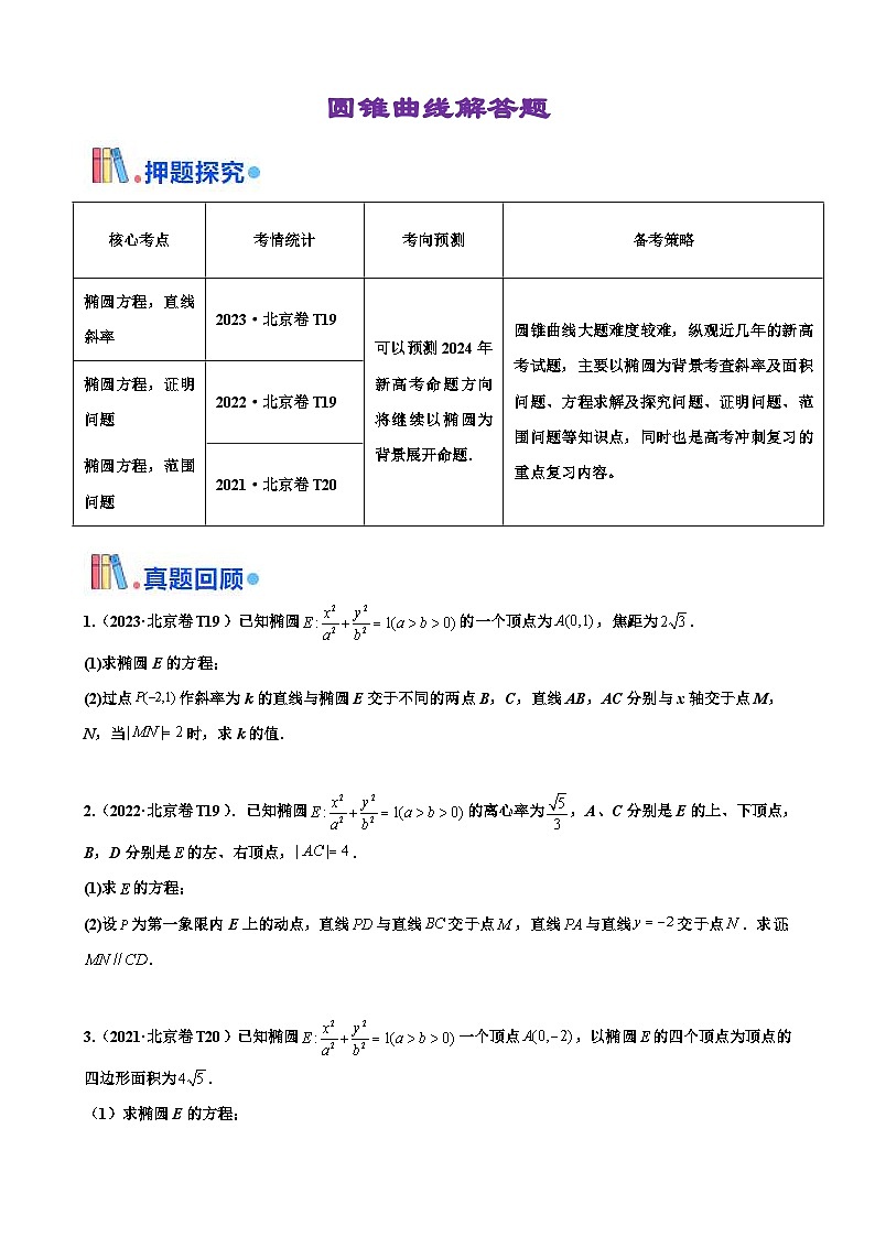 新高考數(shù)學(xué)三輪沖刺 北京卷押題練習(xí) 第19題  圓錐曲線解答題（原卷版）第1頁