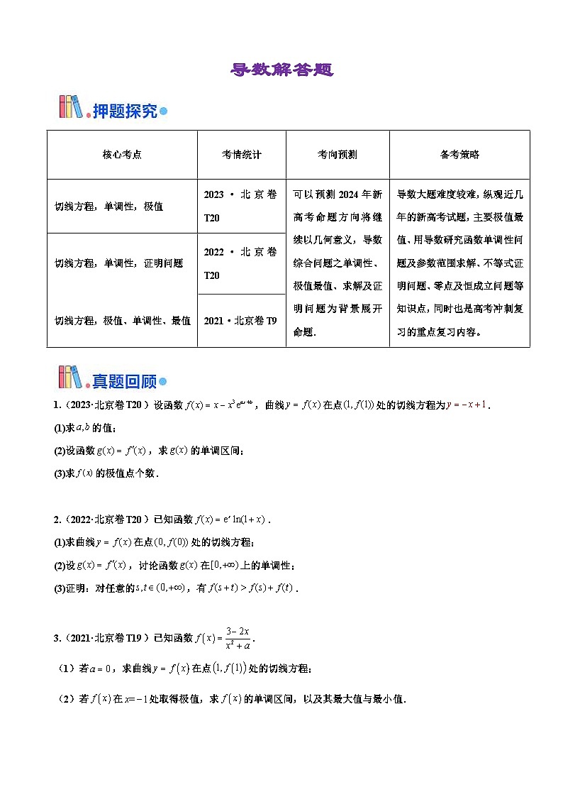 新高考数学三轮冲刺 北京卷押题练习 第20题 导数解答题 (原卷版)第1页