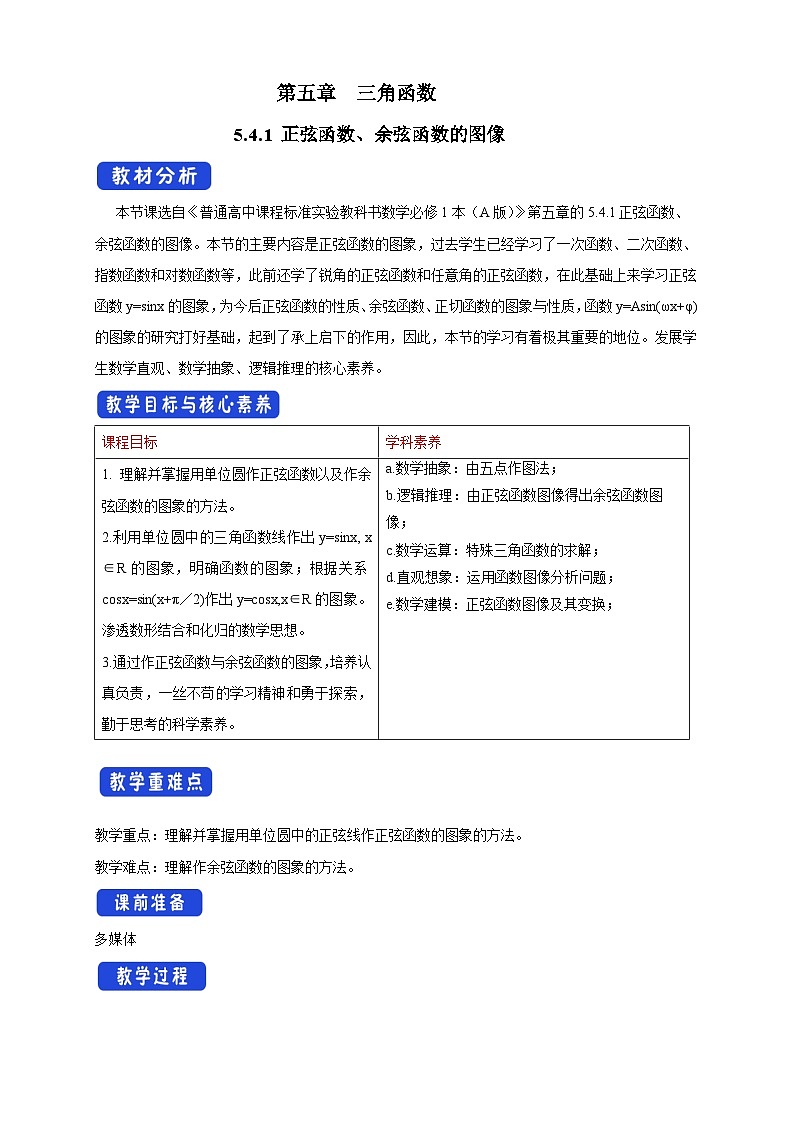 人教A版高中数学必修第一册5.4.1 正弦函数、余弦函数的图像(1)【教学设计】01