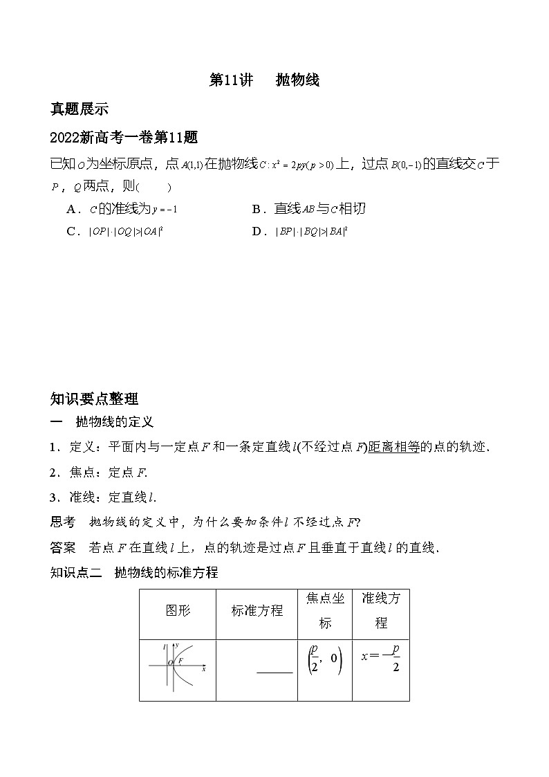 新高考数学二轮复习对点题型第11讲抛物线(学生版)第1页