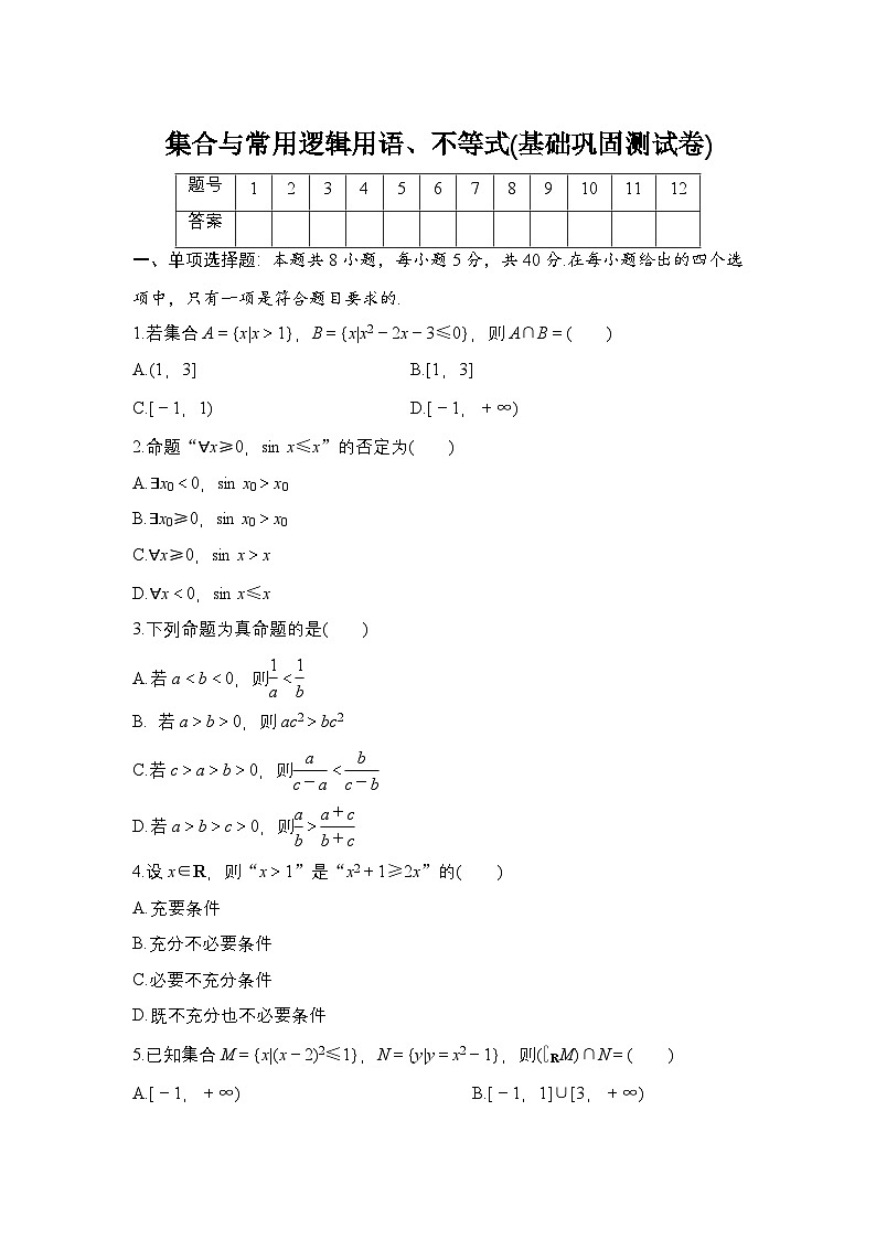 2025年高考数学一轮复习-集合与常用逻辑用语、不等式(基础巩固测试卷)【含答案】第1页