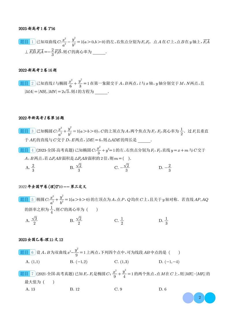 椭圆与双曲线12个常考二级结论与模型(学生版)第2页