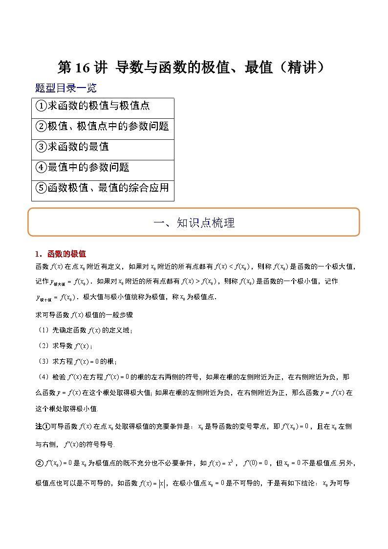 高考数学高频考点题型归纳与方法(新高考通用)第16讲导数与函数的极值、最值(精讲)(原卷版+解析)第1页